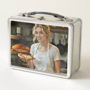 Eating Pizza Photo Personalise Customise Metal Lunch Box