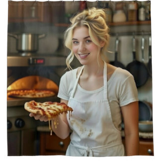 Eating Pizza Photo Personalise Customise Shower Curtain