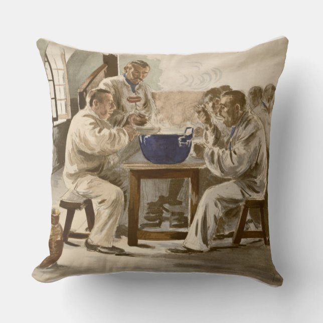 Eating Soup at the Barracks, from 'L'Estampe Moder Cushion (Front)