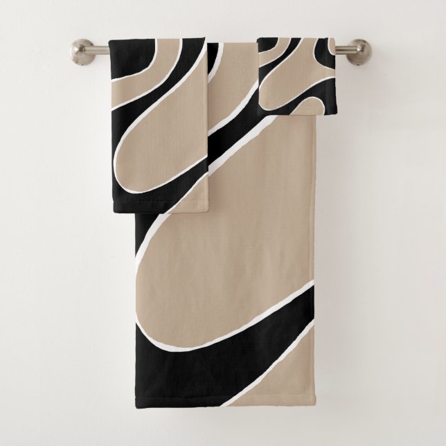 Ebb and Flow 2 in Taupe, Black, and White Bath Towel Set (Insitu)