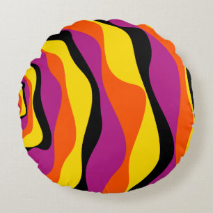 Ebb and Flow 4 - Black, Pink, Orange and Yellow Round Cushion