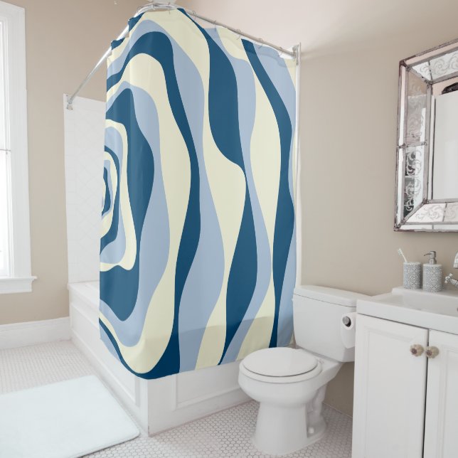 Ebb and Flow 4 - Dark Blue, Light Blue and Cream Shower Curtain (In Situ)