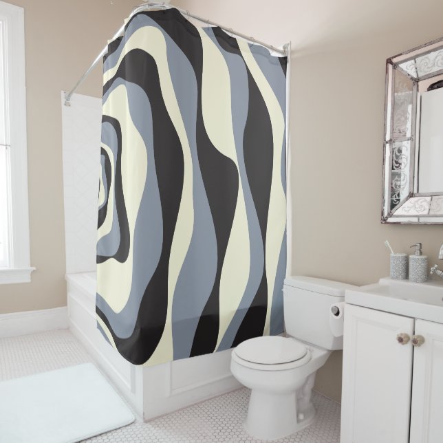 Ebb and Flow 4 in Black, Grey, and Cream  Shower Curtain (In Situ)