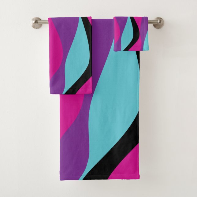 Ebb and Flow 4 - Pink, Purple, Blue and Black Bath Towel Set (Insitu)