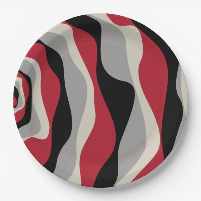 Ebb and Flow 4 - Red, Grey, Black and Bone White Paper Plate (Front)