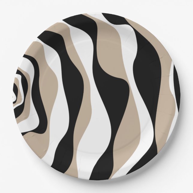 Ebb and Flow 4 - Taupe, Black and White Paper Plate (Front)