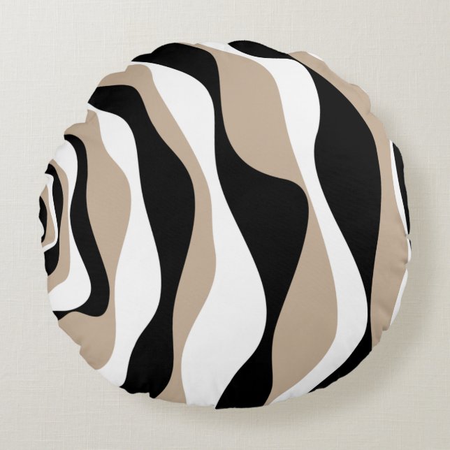 Ebb and Flow 4 - Taupe, Black and White Round Cushion (Front)