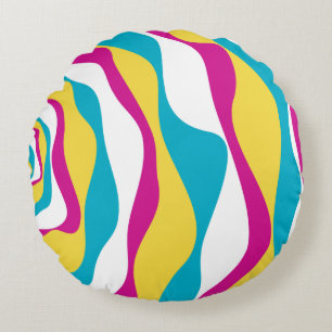 Ebb and Flow 4 - Turquoise, Yellow, Pink and White Round Cushion