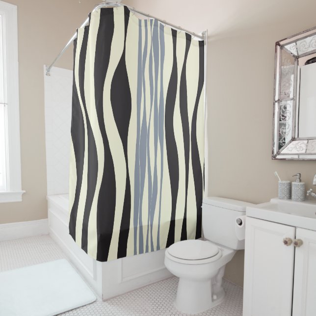 Ebb and Flow in Black, Grey and Cream  Shower Curtain (In Situ)