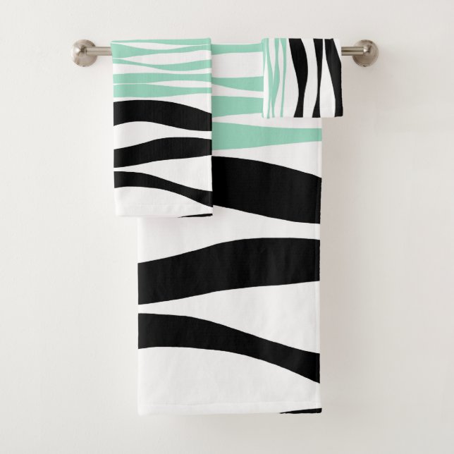 Ebb and Flow - Mint Green, White and Black Bath Towel Set (Insitu)