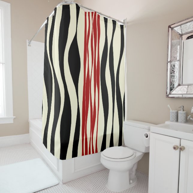 Ebb and Flow - Red & Cream Shower Curtain (In Situ)