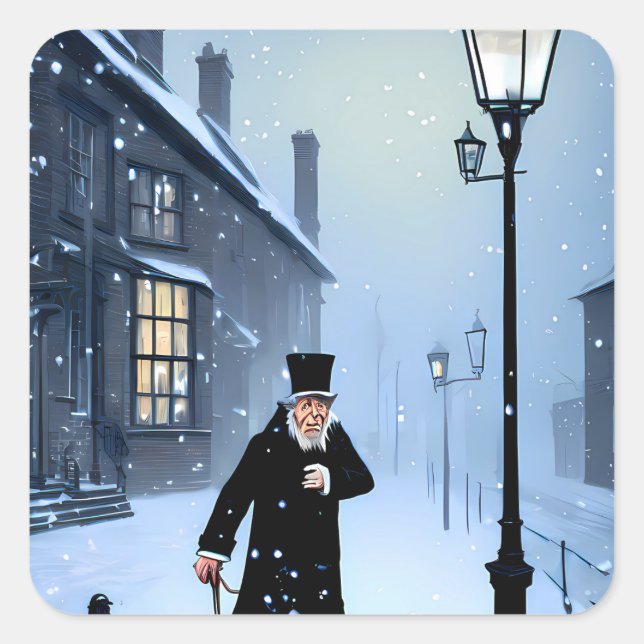Ebenezer Scrooge Snowy Victorian Street Square Sticker (Front)