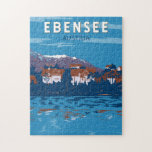 Ebensee Austria Travel Art Vintage Jigsaw Puzzle<br><div class="desc">Ebensee retro vector travel design. Ebensee,  Austria,  is a scenic lakeside town in the Salzkammergut region,  nestled between the Austrian Alps and the crystal-clear waters of Lake Traunsee.</div>