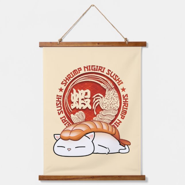 Ebi Shrimp Sushi Cat Hanging Tapestry (Front)