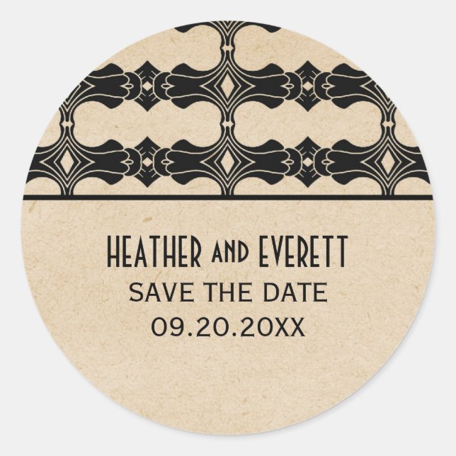 Ebony Art Deco Border Save the Date Stickers (Front)