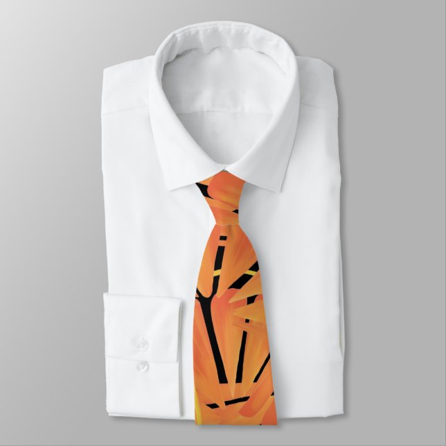 Ebony Black And Citrus Orange Tropical Art Design Tie (Tied)