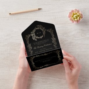Ebony Black Gold Botanical Wreath Classic Wedding All In One Invitation