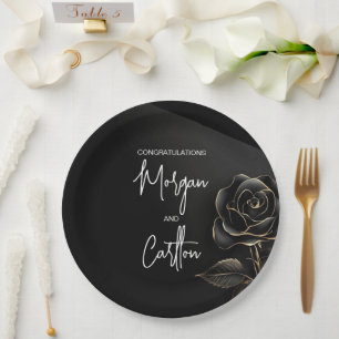 Ebony Black Rose with Gold Accents Wedding Paper Plate