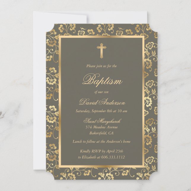 Ebony Gold Cross Script Floral Baptism Invitation (Front)