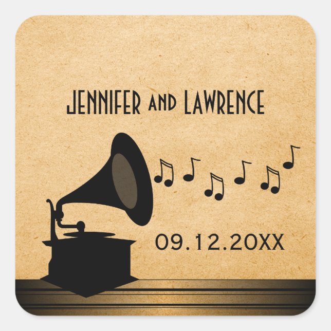 Ebony Vintage Gramophone Wedding Stickers (Front)