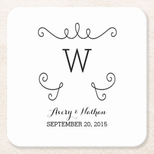 Ebony Whimsical Flourish Monogram Paper Coasters