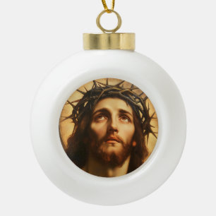 Ecce Homo Jesus Christ with Crown of Thorns Ceramic Ball Christmas Ornament