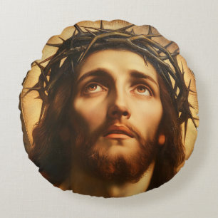 Ecce Homo   Jesus Christ with Crown of Thorns Round Cushion