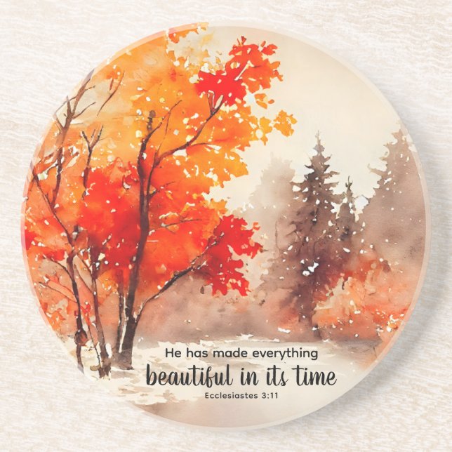Ecclesiastes 3:11 Bible Verse Fall Watercolor  Coaster (Front)