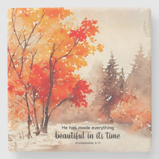 Ecclesiastes 3:11 Bible Verse Fall Watercolor Stone Coaster (Front)