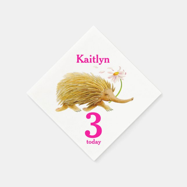 Echidna watercolor art 3rd Birthday napkins (Corner)