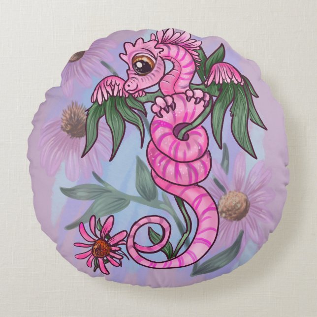 Echinacea flower lil' garden dragon round cushion (Front)
