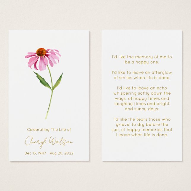 Echinacea | Simple Funeral Memorial Prayer Card (Front & Back)