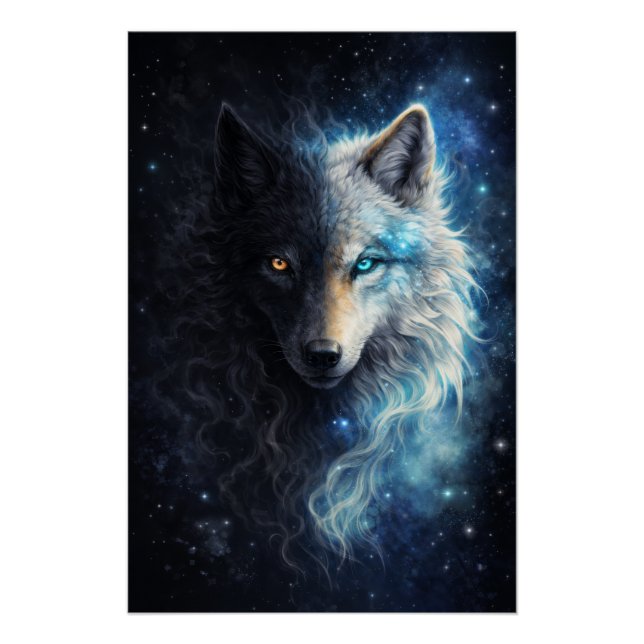 Echo of Duality – Cosmic Twin Wolf | Dark & Light  Poster (Front)