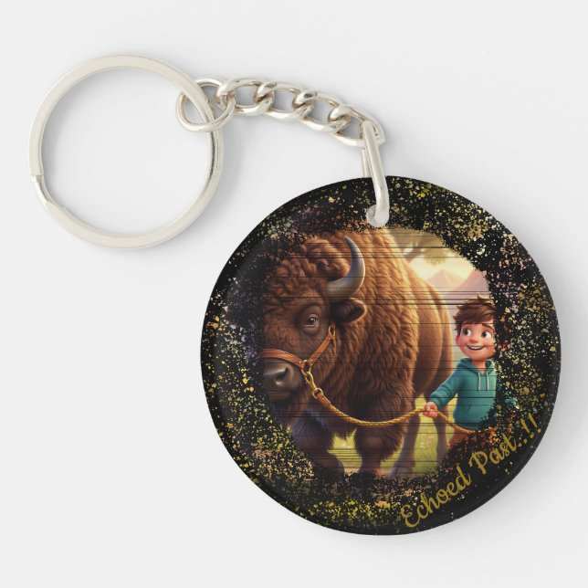 Echoed Past Whimsical Boy and Bison Custom Key Ring (Front)