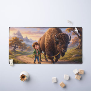 Echoed Past Whimsical Boy and Bison Desk Mat