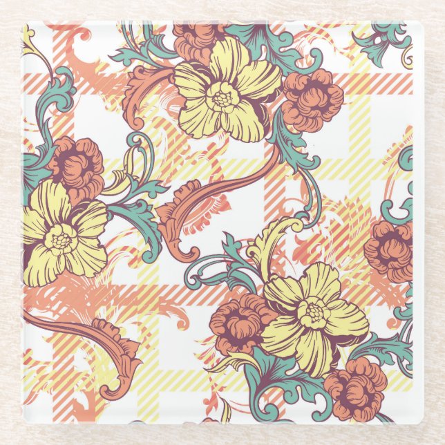 Eclectic Baroque Fabric Plaid Pattern Glass Coaster (Front)