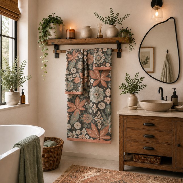 Eclectic Boho Terracotta Charcoal Botanical Floral Bath Towel Set (Creator Uploaded)