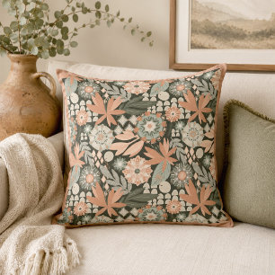 Eclectic Boho Terracotta Charcoal Botanical Floral Cushion
