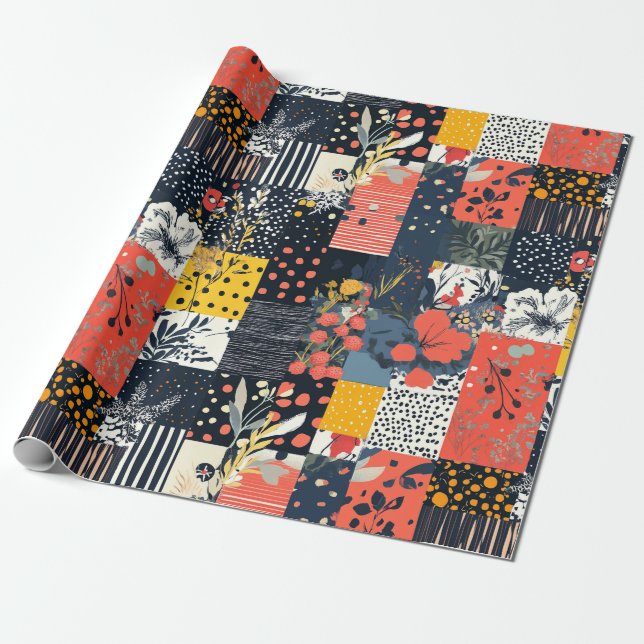 Eclectic Bold Botanical Patchwork with Polka Dots Wrapping Paper (Unrolled)