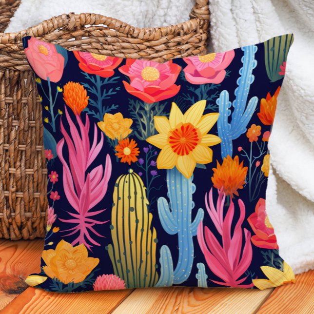 Eclectic Bold Yellow Pink Red Navy Floral Cactus Cushion (Eclectic Bold Yellow Pink Red Navy Floral Cactus Throw Pillow)