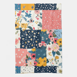 Eclectic Coral Blue Cottage Floral Patchwork Tea Towel