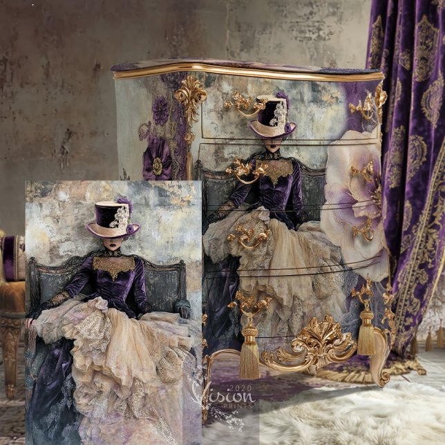 Eclectic Elegance Lady Top Hat, Moody Lilac Purple Tissue Paper (Shabby Chic, Lady in a top hat, moody purple & lilac, bouffant portrait art decoupage tissue paper.)