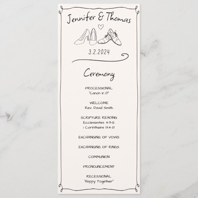 Eclectic Hand Drawn Doodle Wedding Shoes Ceremony Programme (Front)