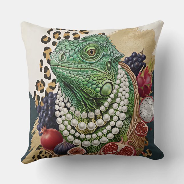 Eclectic Iguana with Pearls Throw Pillow, Chic Max Cushion (Back)