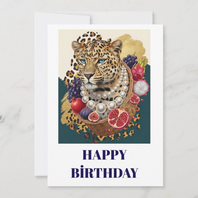 Eclectic Leopard with Pearls Happy Birthday Card,  Card (Front)