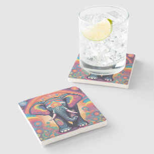 Eclectic multicolored vivid elephant print stone coaster