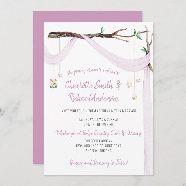 Eclectic Romance - Lilac Drape Mason Jar Lights Invitation (Front/Back)