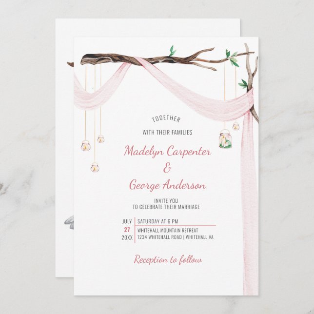 Eclectic Romance - Pink Drape Mason Jar Lights Invitation (Front/Back)