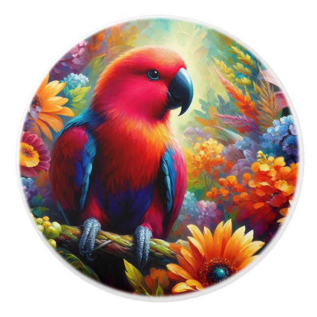 Eclectus Parrot with Colourful Flowers Ceramic Knob (Front)