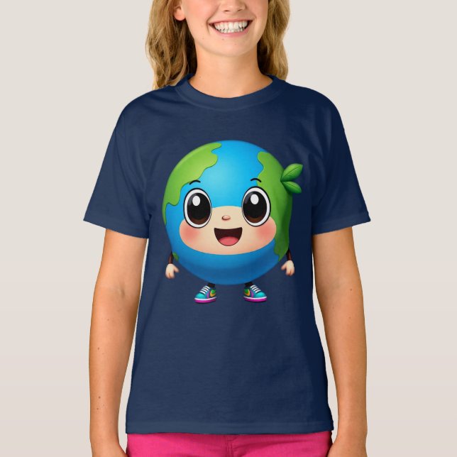Eco Cartoon Earth Tee for Girls  Cute Planet (Front)